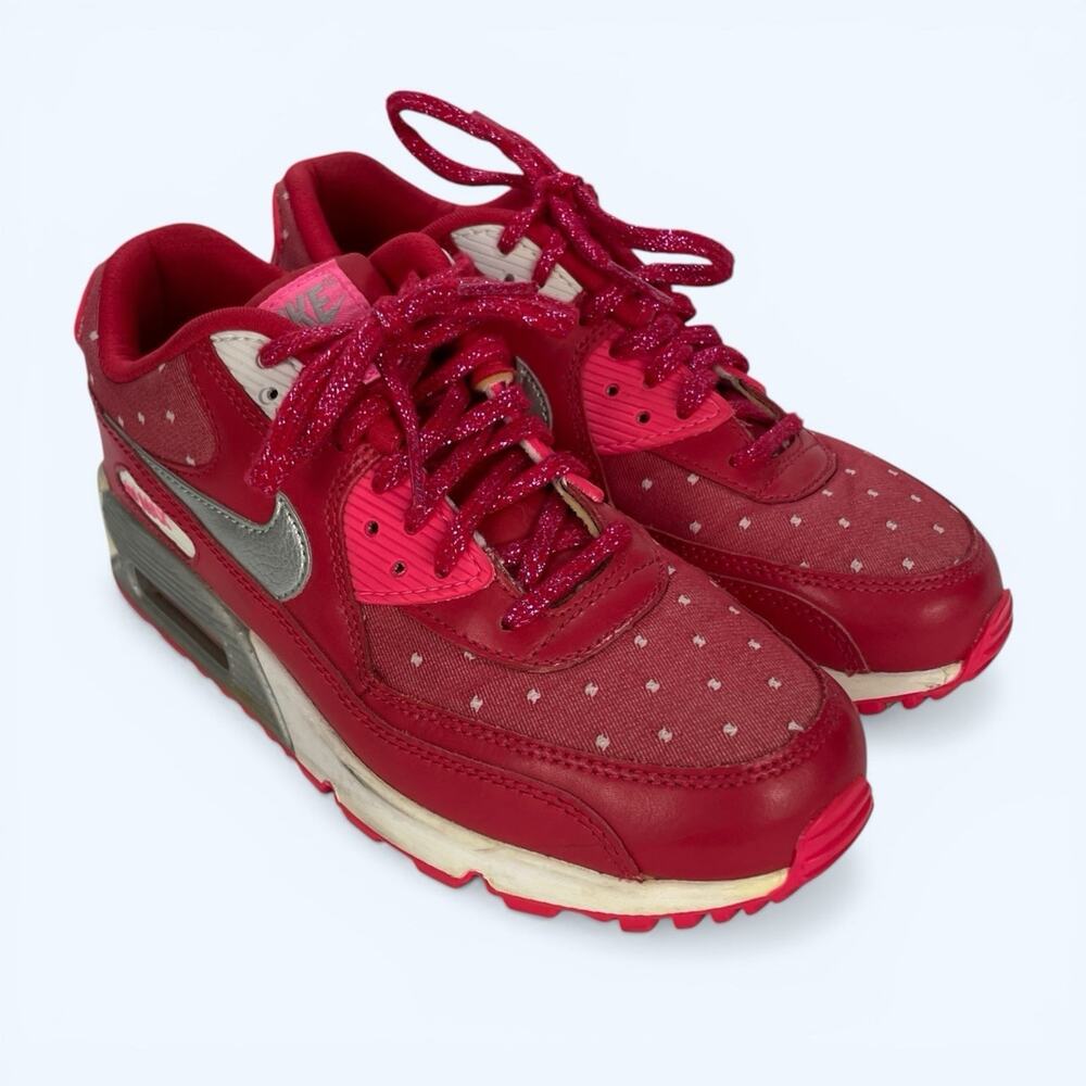Nike Air Max 90 Print Red Pink Silver Shoes Sneakers 704953-602 Girls 5.5Y